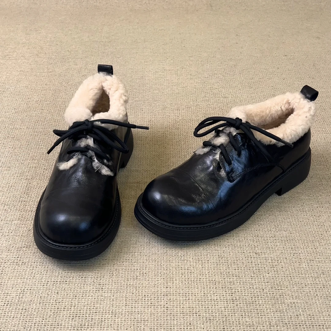 RubyL/4cm秋冬保暖简约通勤系带百搭舒适圆头粗跟毛毛单鞋女款