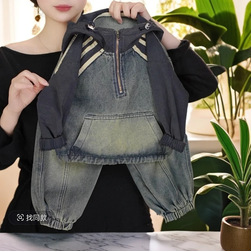男童牛仔拼接连帽套装2025春新款儿童复古宽松休闲水洗牛仔两件