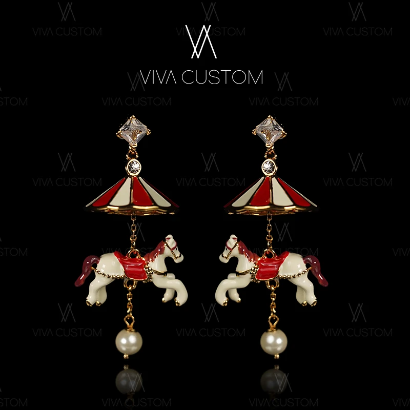 铜合金仿珍珠耳饰 （KS系列）创意童趣旋转木马耳钉