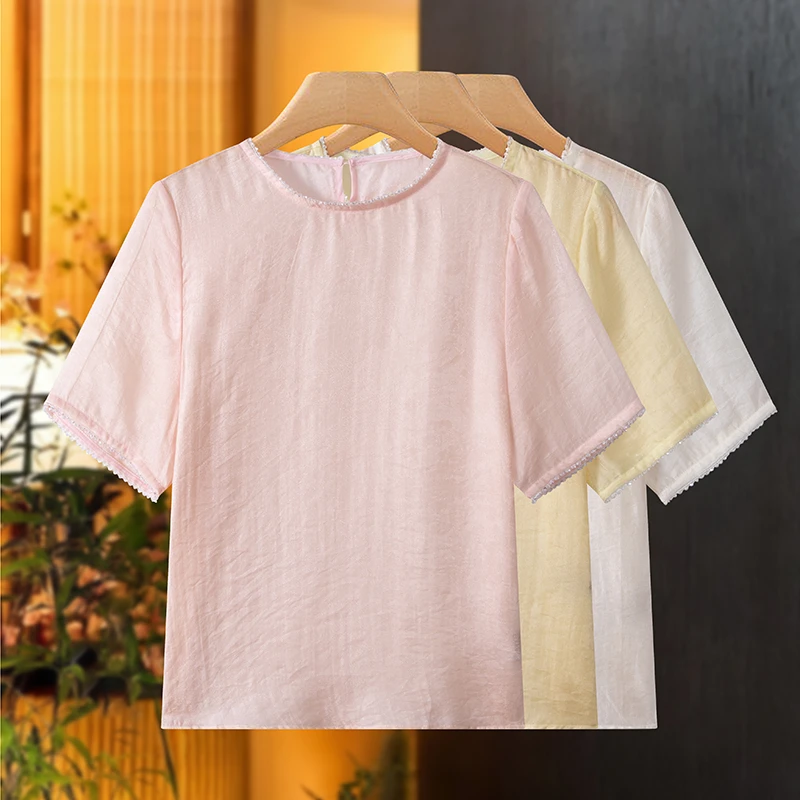 【璀璨短袖】100天丝手工钉珠新中式圆领轻薄款T恤短袖小衫显瘦百搭