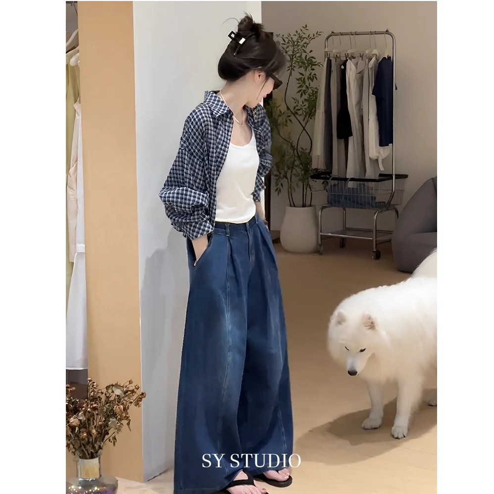 韩系设计感格子衬衫+吊带背心+高腰阔腿裤套装女2025秋季新一整套