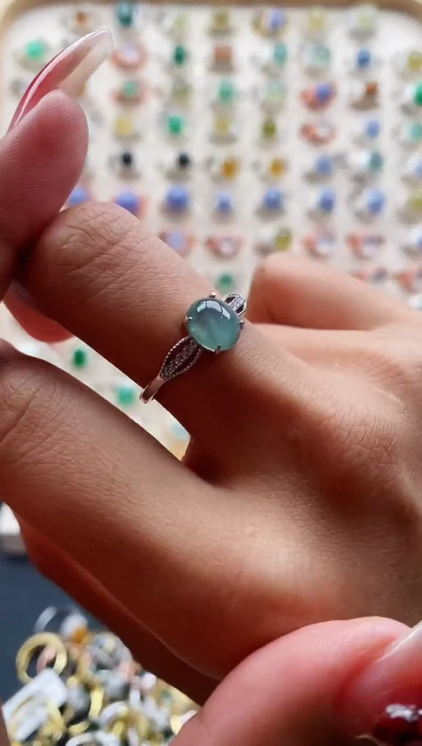 【闪购商品】翡翠戒指银S925镶嵌缅甸天然A货翡翠111 1+3