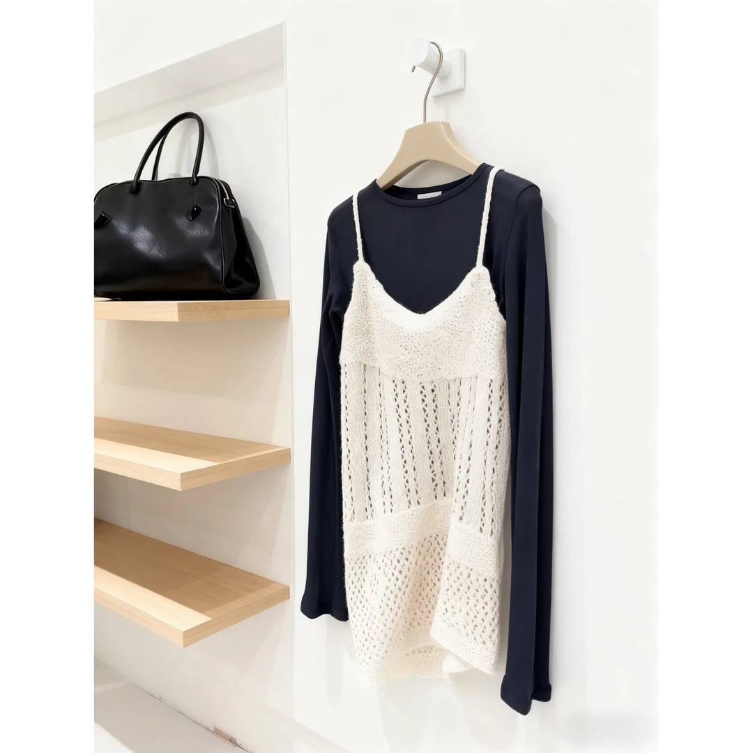 绝美！2025早秋时尚修身叠穿长袖T恤女+镂空设计针织吊带上衣套装