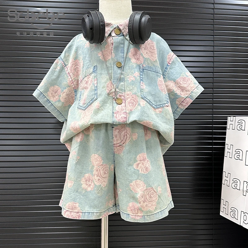 SCBEBE儿童牛仔套装夏季新款男童套装韩版欧若风浅色花朵AT923