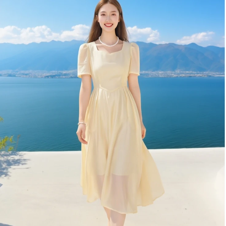 [彩色圆舞曲]   爱居兔25夏新时尚遮肉显瘦优雅连衣裙EQLBJ2Q781A