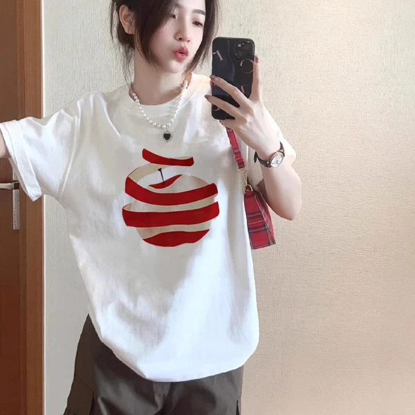 100%纯棉短袖t恤女夏2025新款趣味印花设计感正肩宽松半袖上衣潮