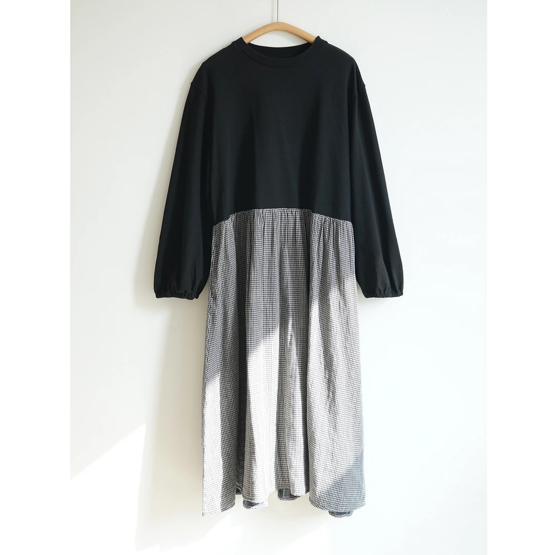 森系格纹拼接长裙