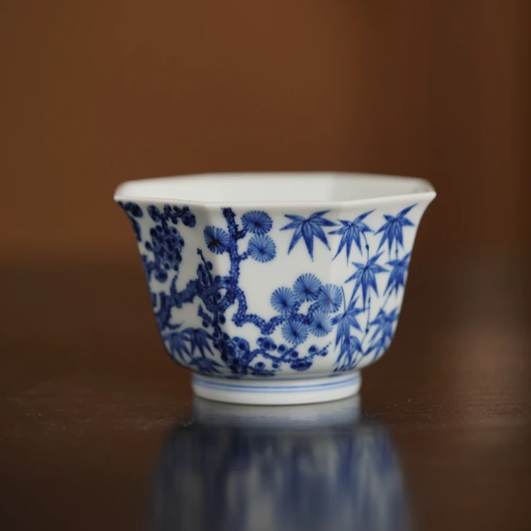 观山见物 仿明松竹梅八方杯 岁寒三友功夫茶杯家用茶具纯手工手绘