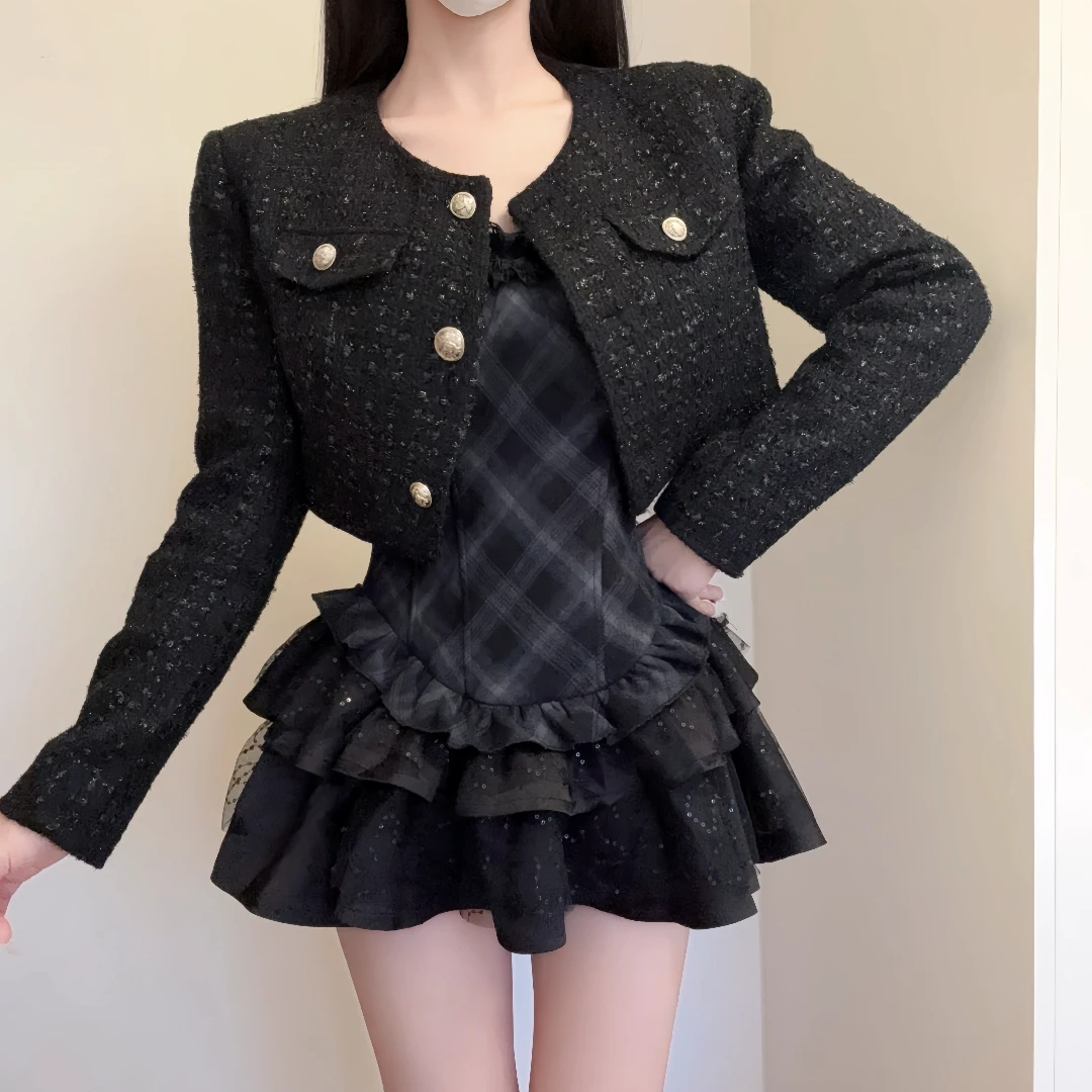 IQCQ轻奢定制千金感小香风短款外套酷辣风黑色格子蓬蓬连衣裙套装