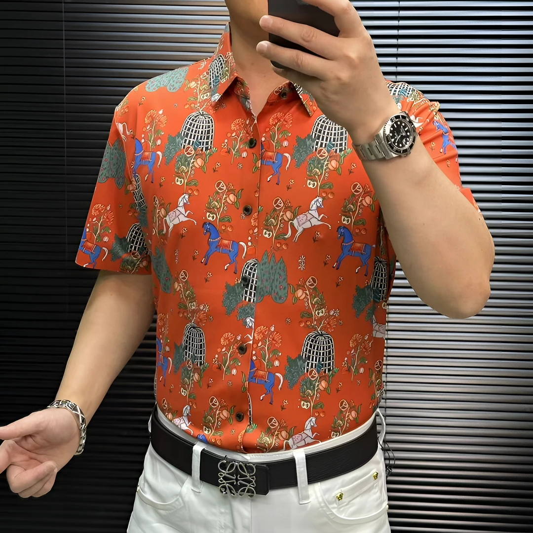 FLD甄选25年桑蚕丝高弹力免烫百搭休闲网红男士动物印花短袖衬衫