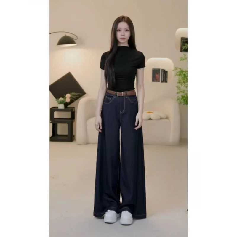 深色高腰牛仔裤女2024春秋新款宽松显瘦百搭长裤垂感直筒阔腿裤女