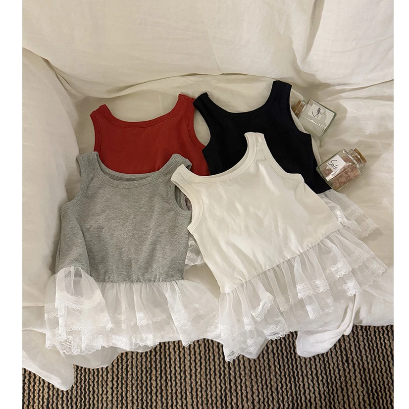 【现货】儿童拼纱蕾丝背心内搭2025夏韩版女童针织罗纹弹力花边打底
