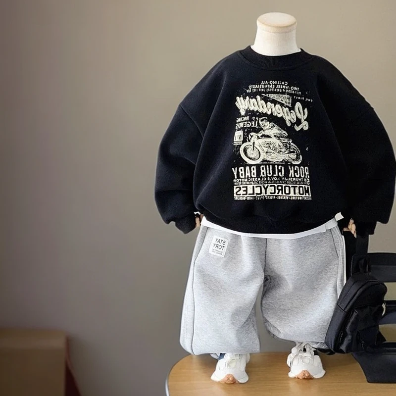 潮酷机车印花休闲圆领卫衣男童春秋装儿童装宝宝痞帅气上衣洋气