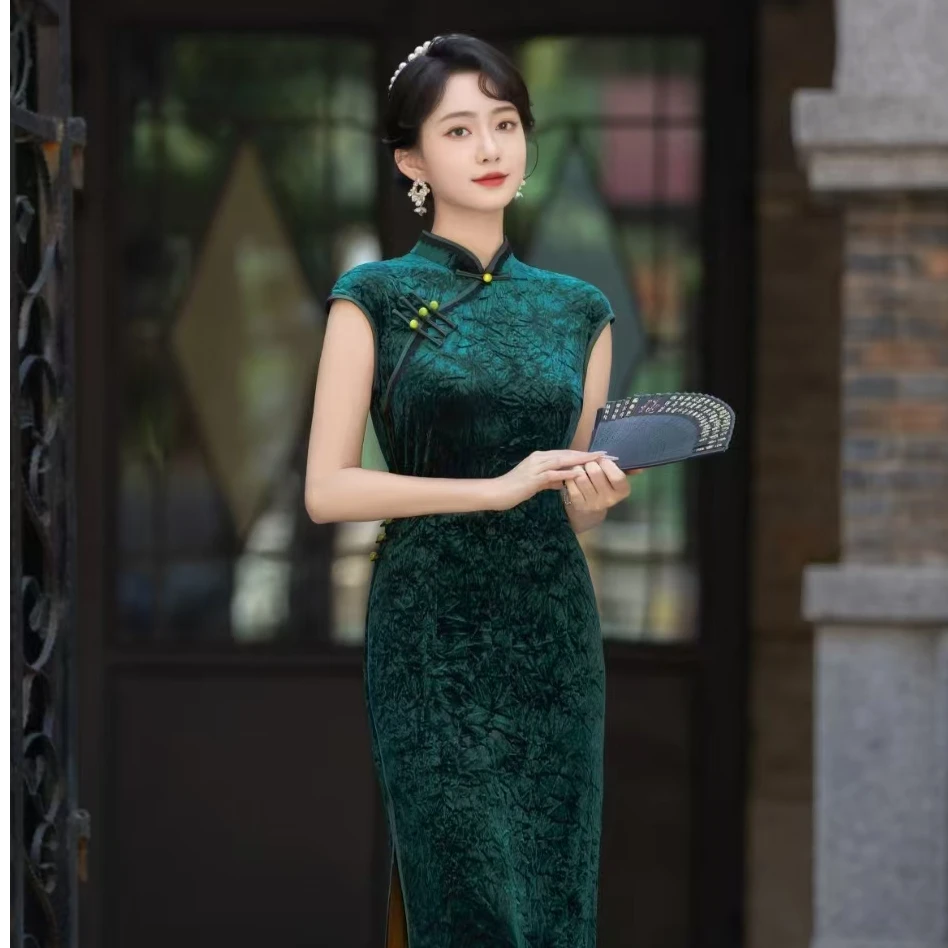 春秋新款无袖优雅绿色气质中国风旗袍长款改良旗袍修身显瘦日常