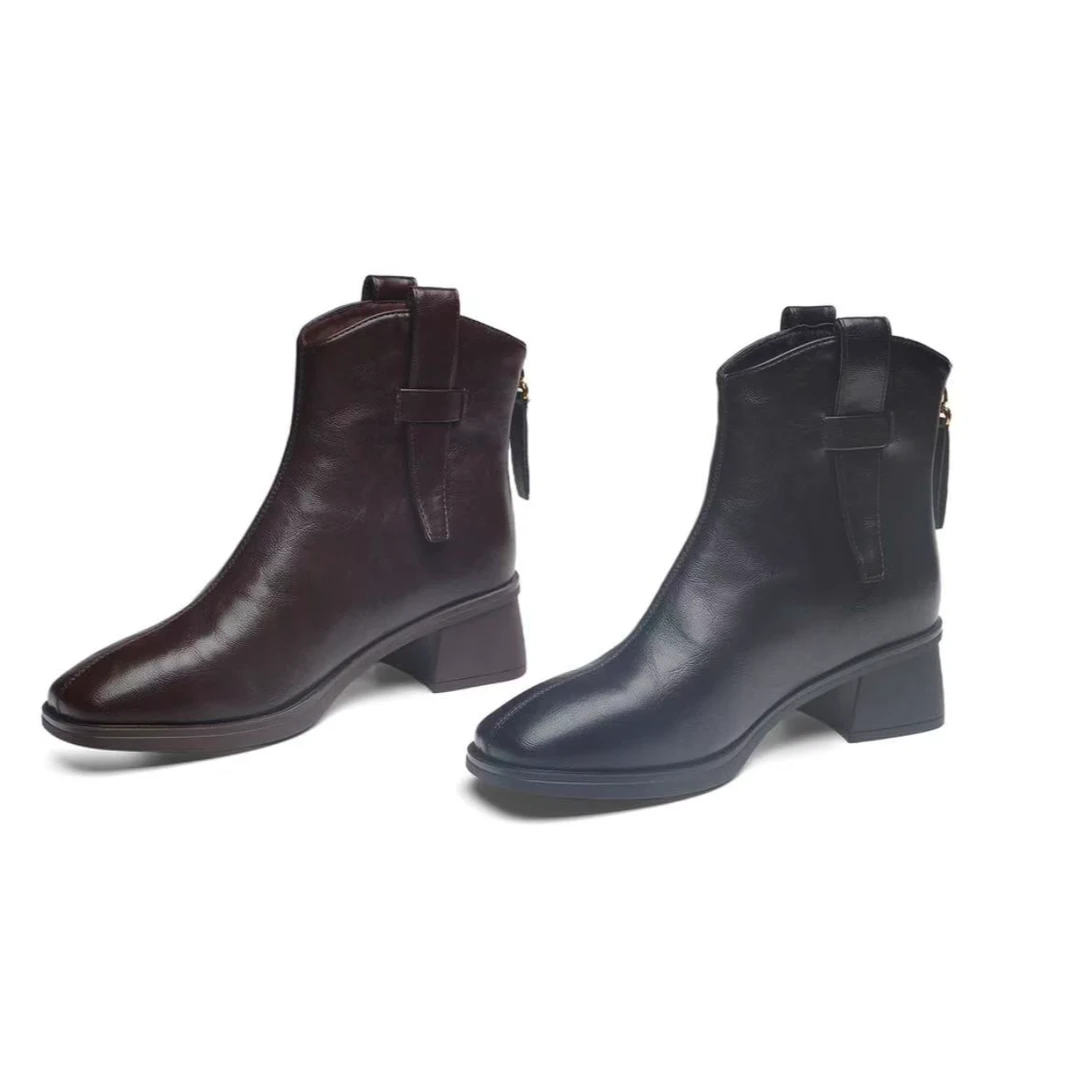 粗跟黑色时装靴方头女法式方头瘦瘦靴后拉链短靴英伦6007