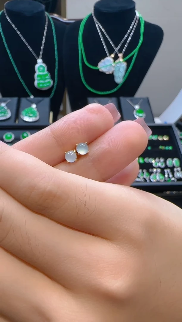 翡翠银S925镀金镶嵌耳饰冰种耳钉