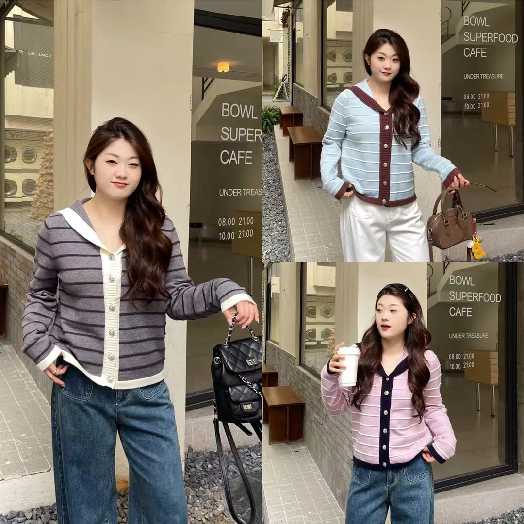 裂渡宣宣【浪漫重逢】海军领正肩上衣女冬撞色显瘦针织衫ZY508F16