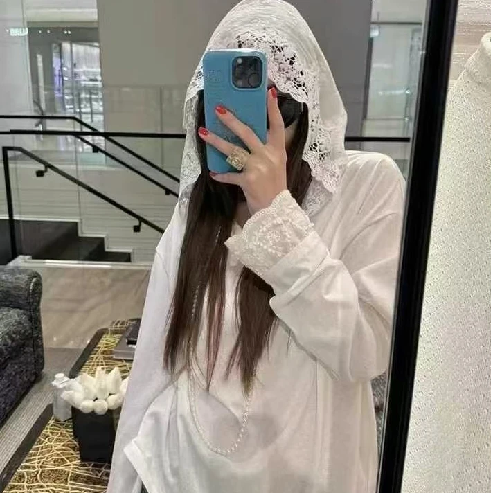 2895潮女时尚百搭蕾丝拼接帽上衣T恤运动休闲薄款宽松连帽ins