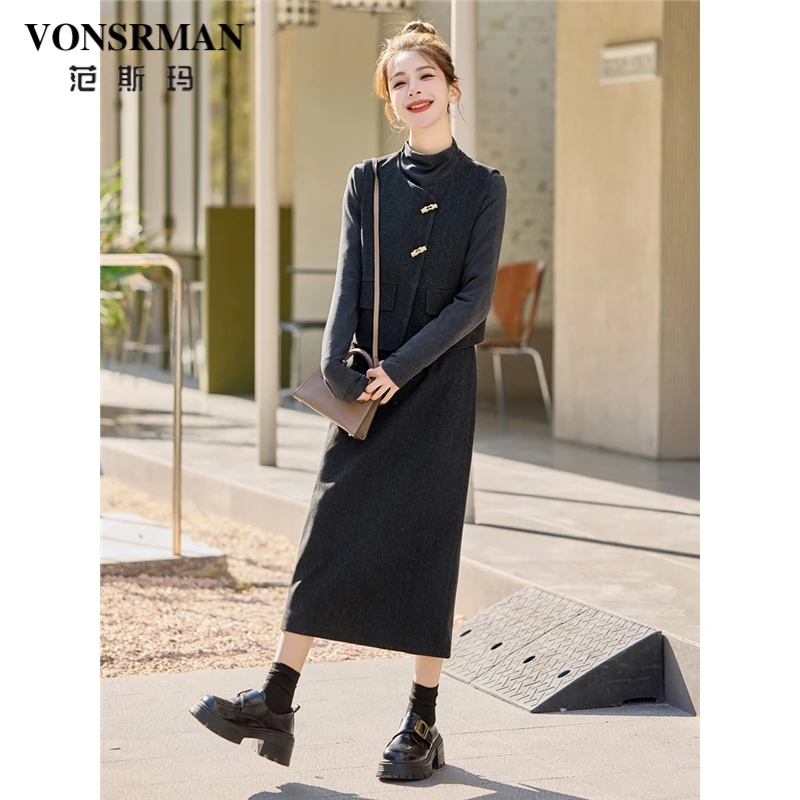 小香风时尚气质连衣裙套装女2025秋季新款减龄显瘦马甲半裙三件套