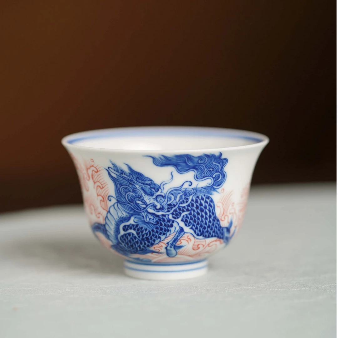 观山见物 麒麟铃铛杯 麒麟踏浪 画片精细大气 显茶汤 纯手工手绘