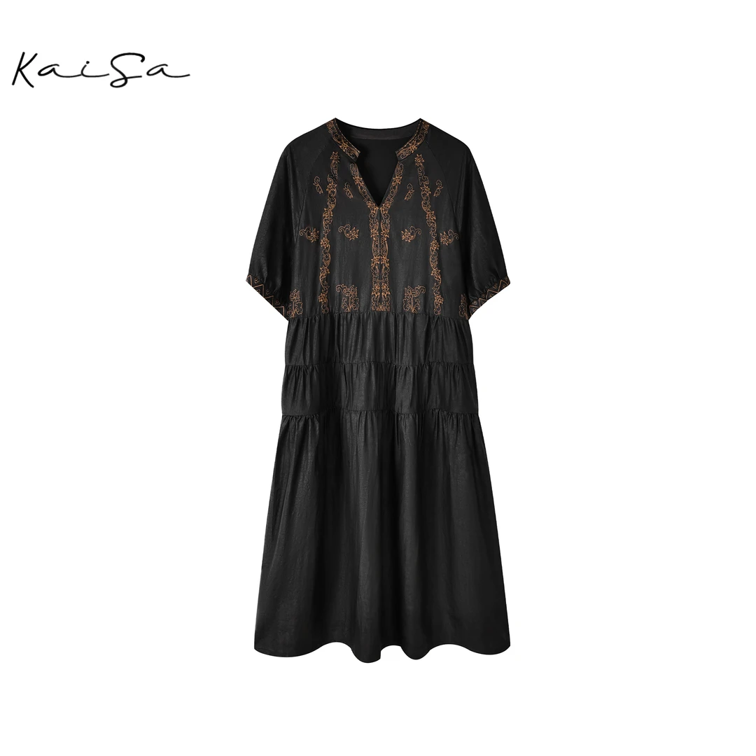 【轻风叙】100%香云纱桑蚕丝绣花半袖长裙连衣裙831007