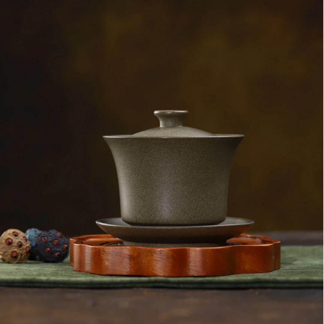 宜兴紫砂丨三才盖碗 蟹壳青 可悬停 紫砂盖碗