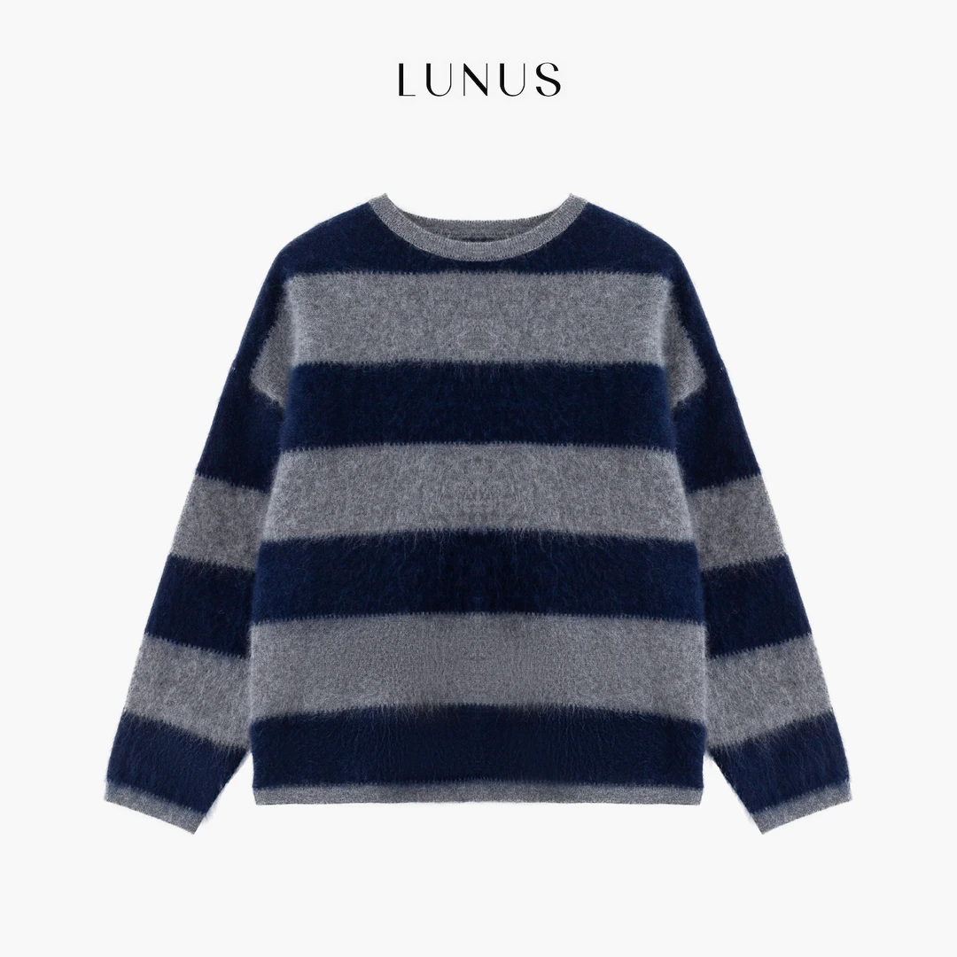LUNUS「钢琴键」100羊毛拉毛条纹气质灰蓝色软糯毛衣针织衫秋冬