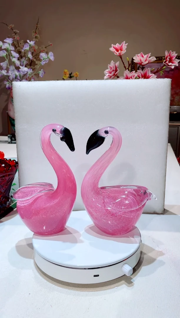 【闪购商品】琉璃手工艺品玫粉色火烈鸟一对   微瑕