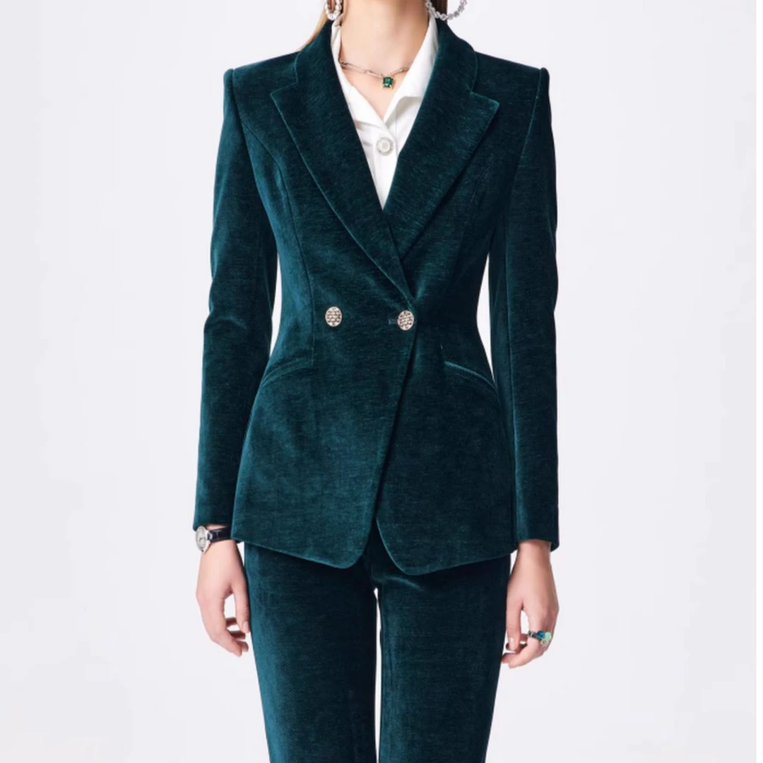 X21775金丝绒西装外套女绿色高端设计感小众女神范西服上衣商务R
