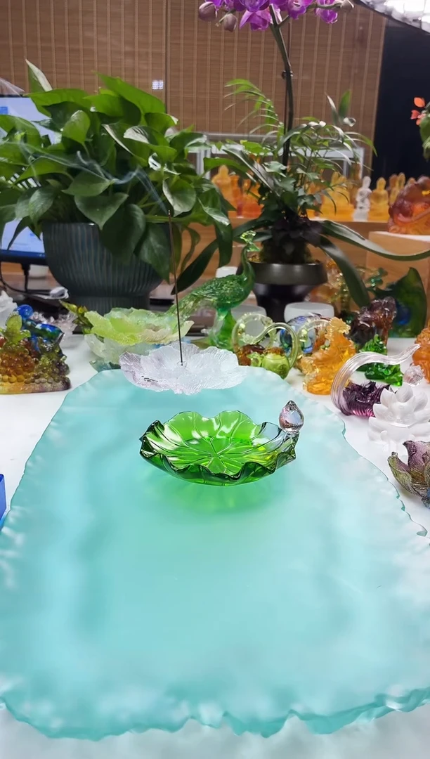 手工艺品琉璃绿色莲花杯碟11公分