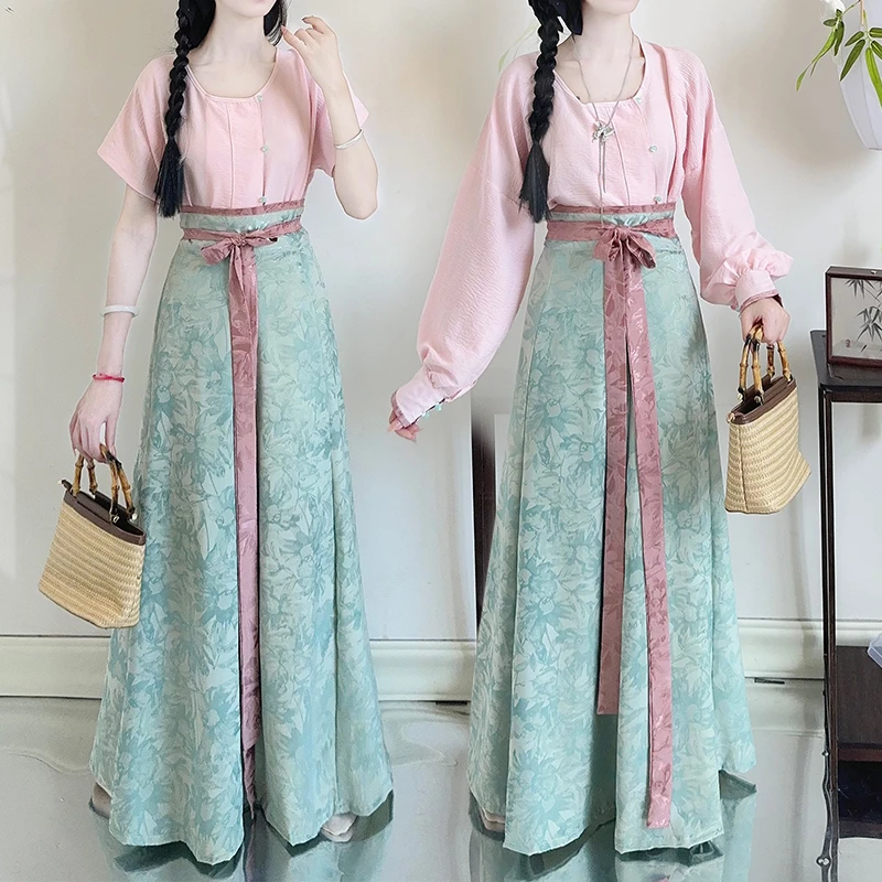 元素原创唐制改良圆领衫破裙日常通勤汉服粉蓝提花春夏纯色小清新