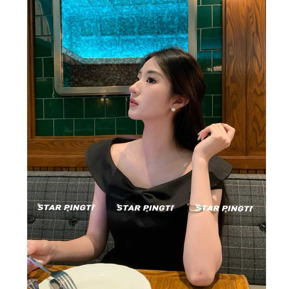 一字肩连衣裙千金名媛气质蝴蝶结生日礼服收腰蓬蓬a字短裙公主裙