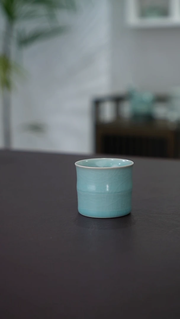 天青釉竹节杯 精品   平