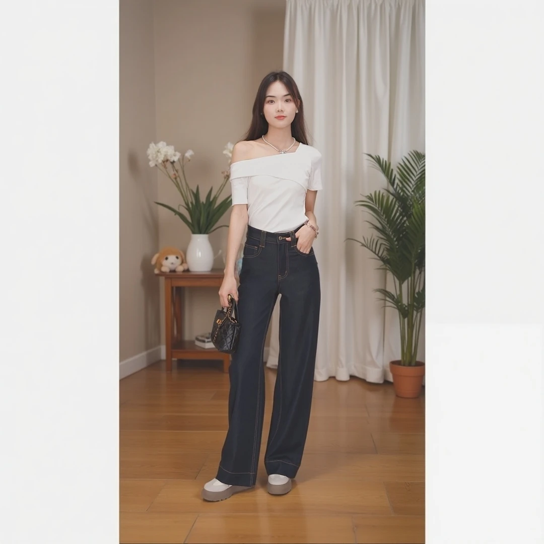 俏衣门2025夏季丹宁牛仔裤天丝冰爽凉感直筒百搭中高腰显瘦薄款