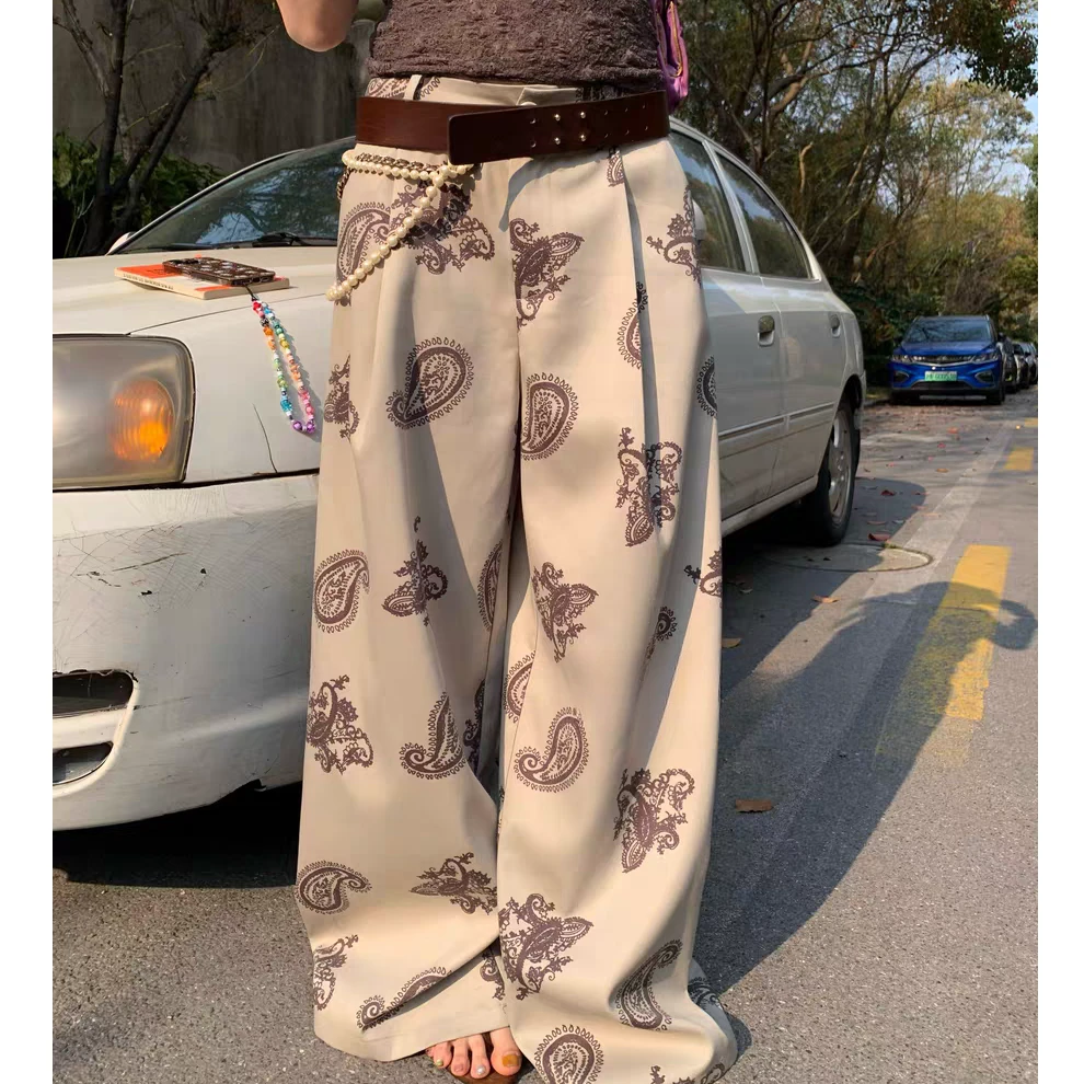 【奥莉】2025春夏：慵懒感宽松设计感腰果花拖地阔腿裤3097