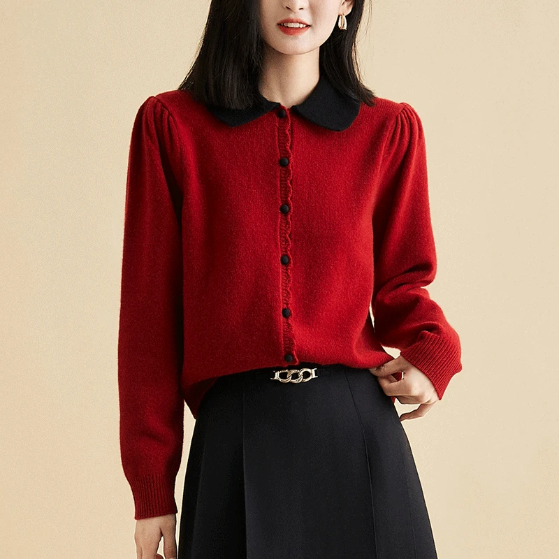 哥弟阿玛施正品新款针织时尚宽松法式短款开衫翻领衫红色长袖外套