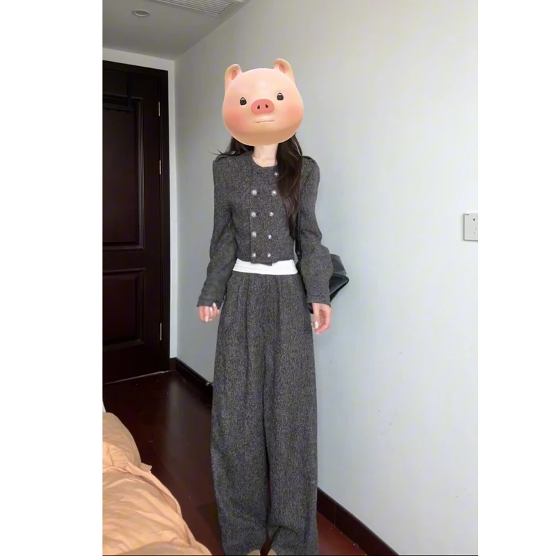 2025秋季新款法式气质圆领长袖针织复古外套百搭高腰显瘦阔腿长裤