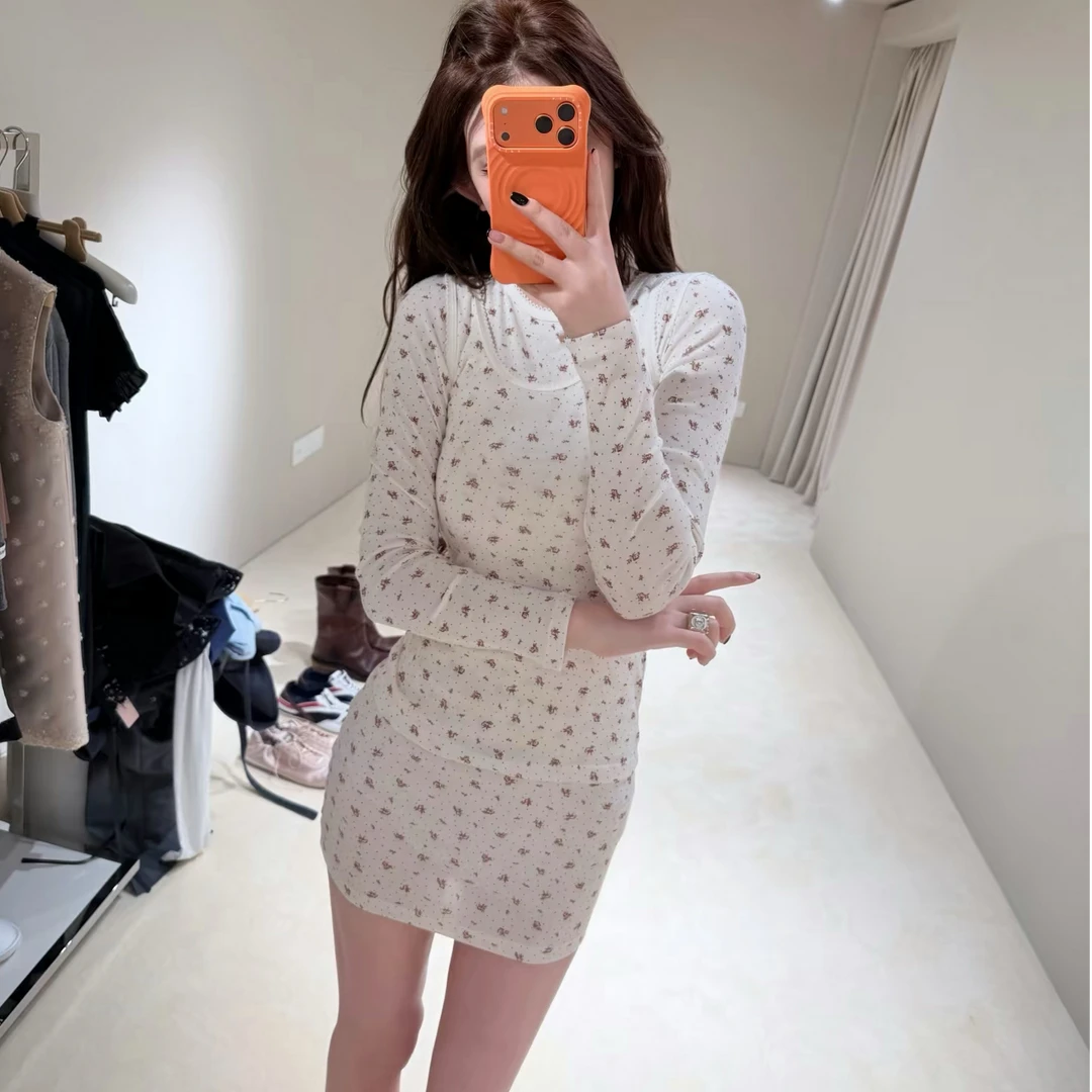 25秋冬新款碎花花卉印花蕾丝花边长袖打底衫T恤连衣裙女吊带背心