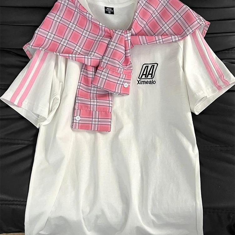 国潮牌白色假两件海军领短袖t恤女夏季设计感宽松显瘦百搭上衣潮