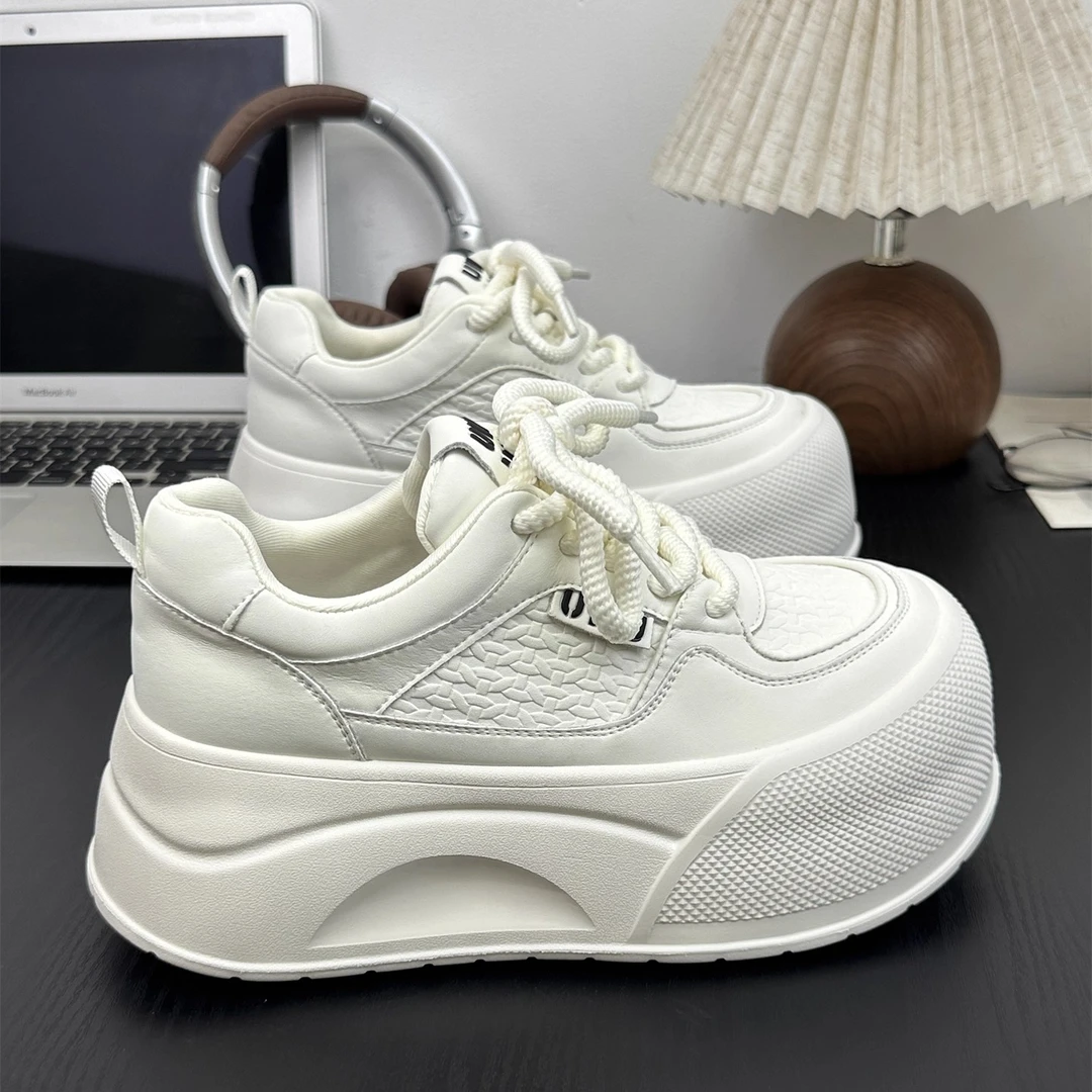 真皮小个子6cm厚底增高轻便小白鞋女2025秋新款系带百搭大头板鞋