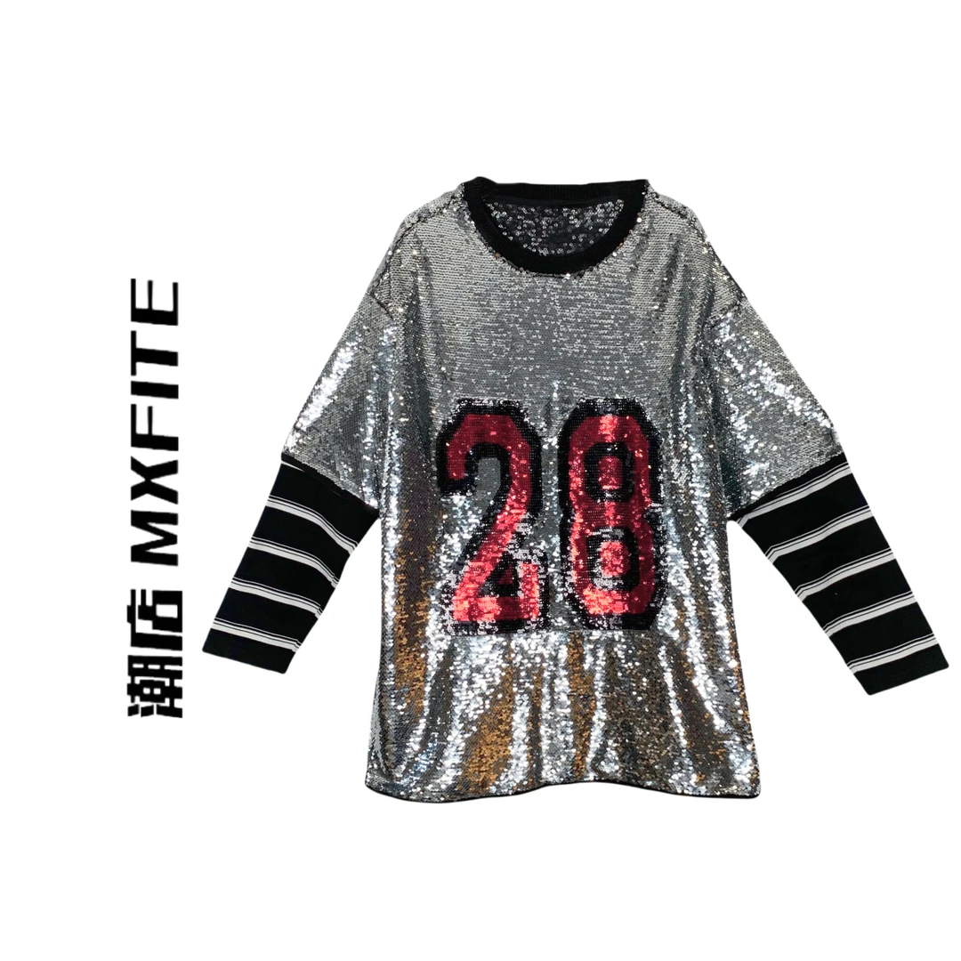 MXFITE潮店春季新款个性亮片拼接圆领时尚潮流圆领T恤（LF28765）