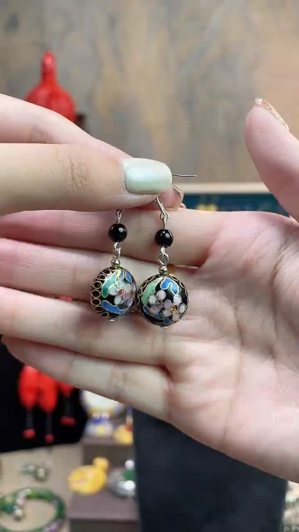 非遗手工景泰蓝耳环扁珠黑色