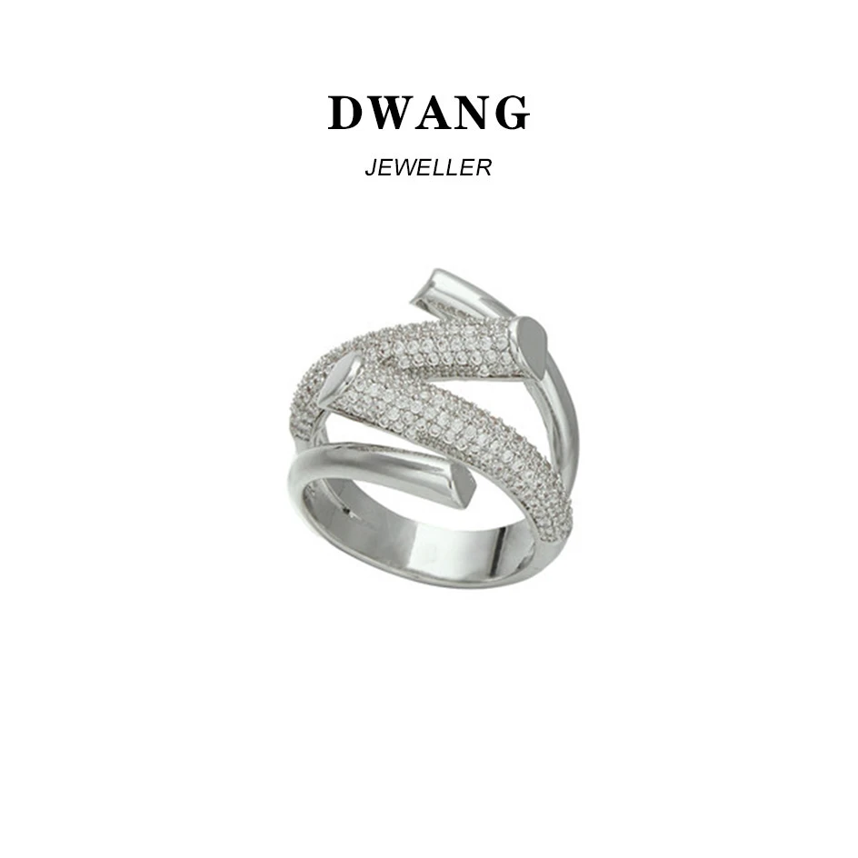 铜合金合成锆石戒指 【DWANG】设计师ins开口戒 镶钻丝带戒指 银色