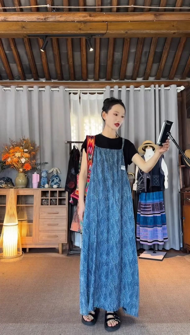设计师款拓印吊带裙