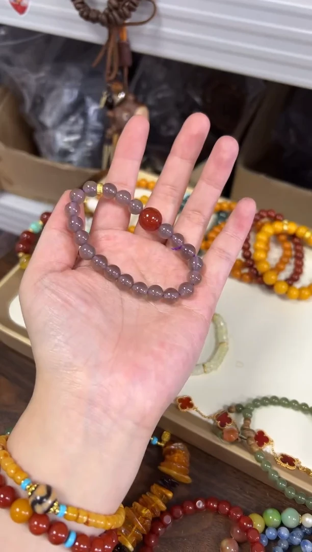 玛瑙/玉髓手链未镶嵌冰烟紫玛瑙红大顶珠手串[0108]