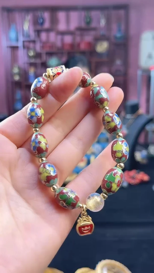 非遗 景泰蓝手串 工美 枣珠 砖红