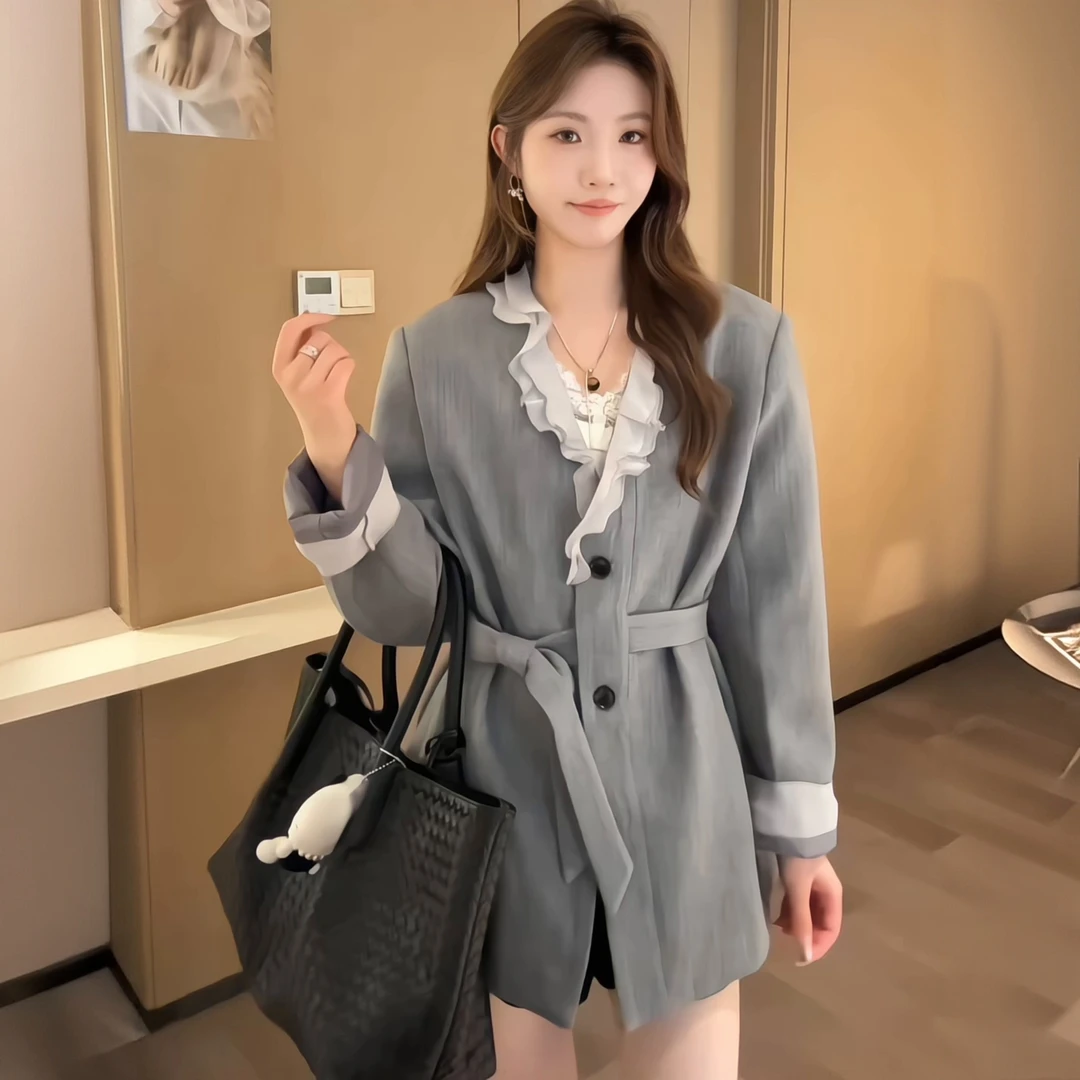 设计感小众款领荷叶边拼接外套女2025秋季新款韩版绑带收腰型外套