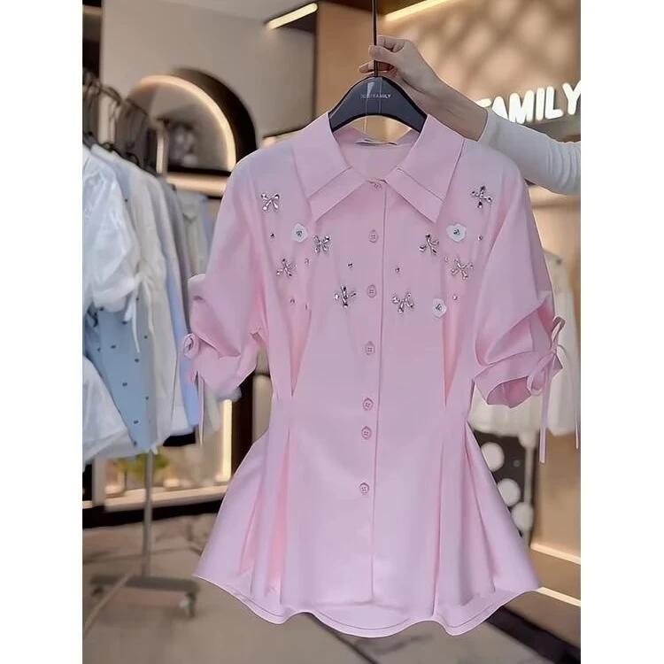 韩版高级感轻奢洋气粉色短袖衬衫夏季镶钻ins设计收腰遮肚子衬衣