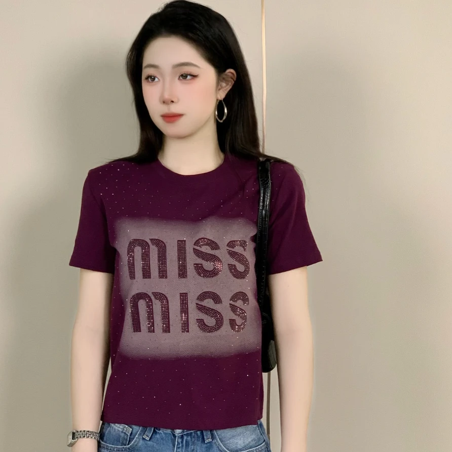 2025夏季新款烫钻+彩拔短袖T恤女显瘦时尚休闲百搭3029