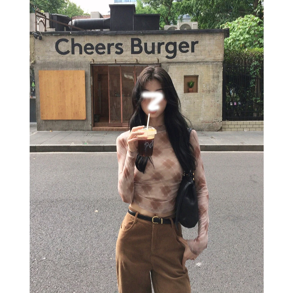 春季网纱印花长袖t恤女2025设计感小众高腰短款修身纯欲上衣套装